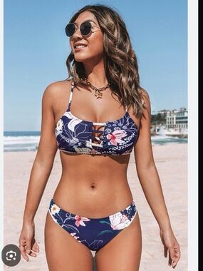 Cupshe Navy Floral Lace-Up Bikini Set